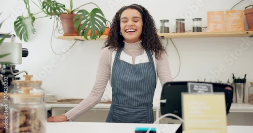 Face, barista and happy woman in coffee shop, startup or small business owner in restaurant in Portugal. Portrait, smile and cashier at cafe, employee and professional at bakery store for service photo
