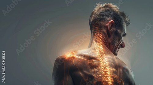 Shoulder-scapular periarthritis, shoulder blades and neck pain, intervertebral spine hernia, man with back pain on a gray background, spinal disc disease, lumbago hyper realistic 