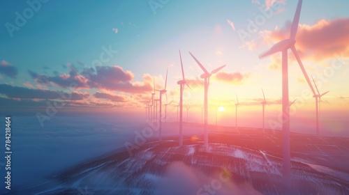 Solar renewable energy generating station Wind turbines in a solar renewable energy production plant In the blue sky at sunset Concept of renewable energy using wind turbines hyper realistic  photo