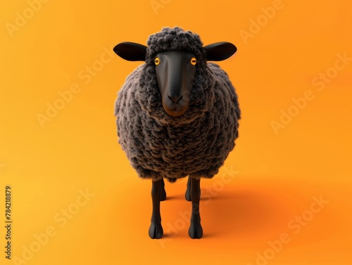 The blak sheep on orange sheeps background. An optimistic concept. 