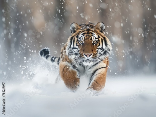 Tiger running in snow. Beautiful, dynamic and powerful photo of this majestic animal. Set in environment typical for this amazing animal 
