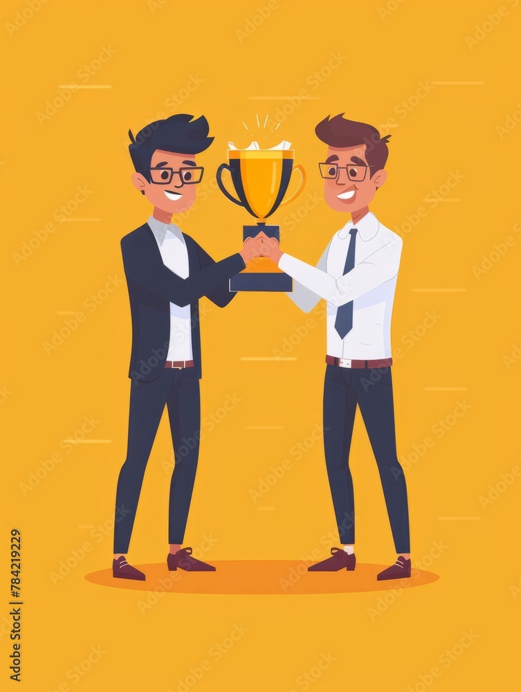 two businessman holding a trophy celebrating successful business achievement two businessman holding a trophy celebrating successful business achievement