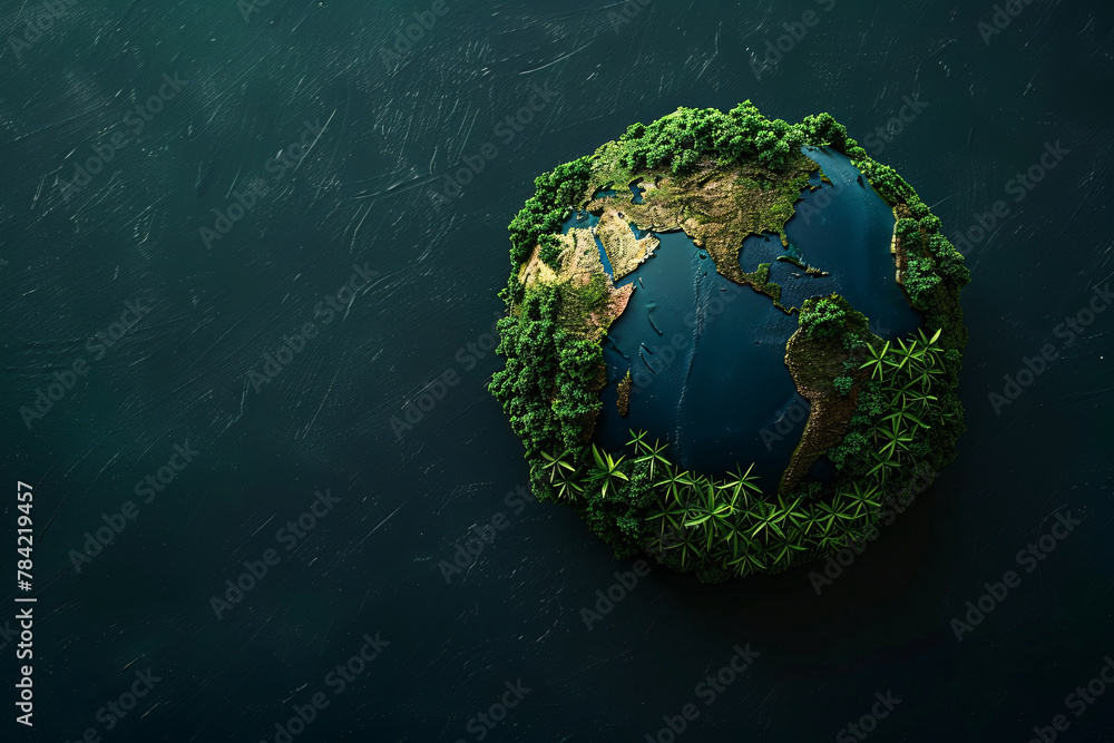 Fototapeta premium Global Nature: Earth floats in water and sky, symbolizing harmony between land, water, and air It depicts our planet as a green, vibrant sphere in space, emphasizing environmental unity and balance