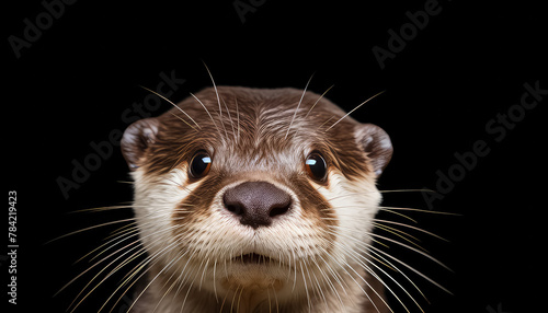 Wet otter on black background photo
