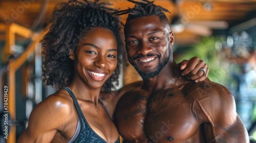 A happy athletic couple flexes their muscles after exercising in the gym.