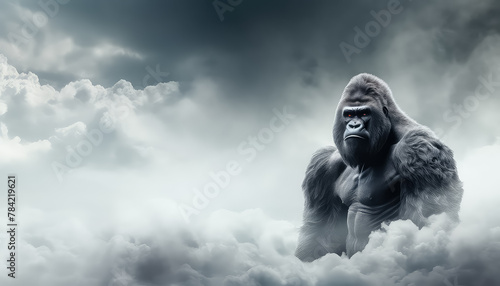 Huge gorilla on the background of thick smoke and sky