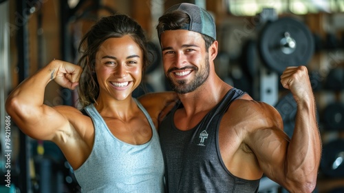 A happy athletic couple flexes their muscles after exercising in the gym.