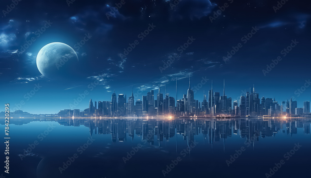 Night city and moon fantastic landscape