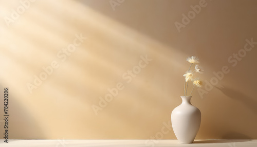 White vase with plant and shadow on beige wall