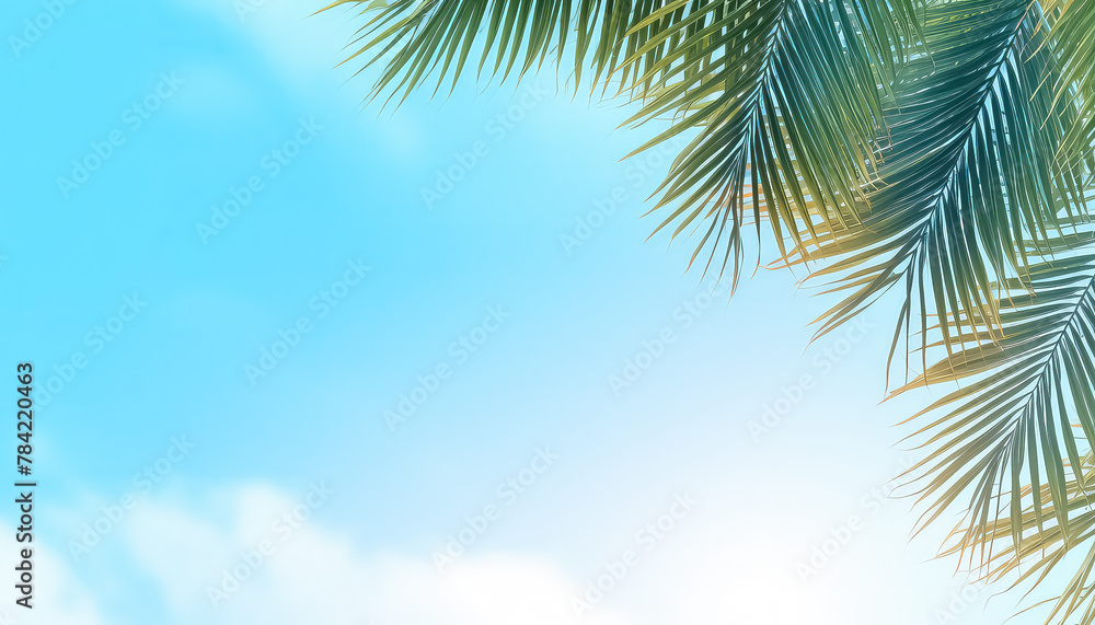 Palm tree branches on blue sky background with space for text