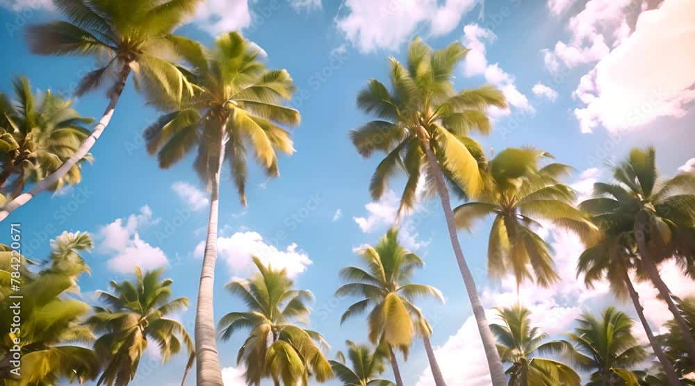 Scenic View of Tropical Palm Trees Against a Vibrant Blue Sky with Fluffy White Clouds Scenic View of Tropical Palm Trees Against a Vibrant Blue Sky with Fluffy White Clouds