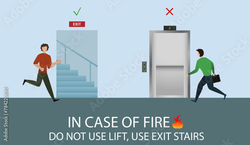  In case of fire do not use an elevator use stairs vector illustration, emergency exit safety guidelines