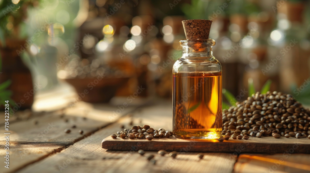 Little transparent bottle of hemp seed oil with cork stopper is placed on a wooden table next to the cannabis leaves and seeds. Warm light
