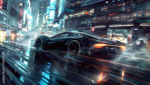 Design a sleek cyberpunk vehicle racing through the bustling streets at night, with gleaming neon lights reflecting off its polished surface and casting dynamic shadows amidst the urban chaos Digital © Samaphon