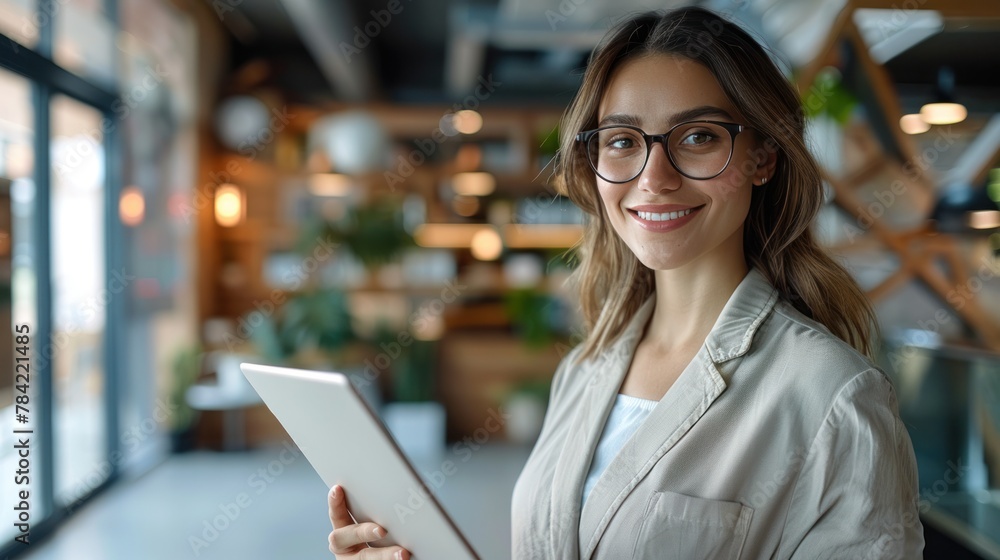 An office worker stands by the window in the office using a digital tablet and viewing a camera while using a digital tablet An office worker stands by the window in the office using a digital tablet and viewing a camera while using a digital tablet