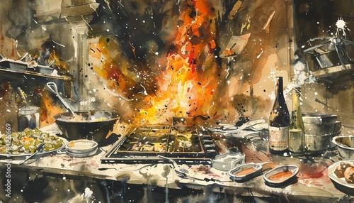 Illustrate a dramatic survival scene using a watercolor technique, showcasing a unique culinary twist in the midst of chaos