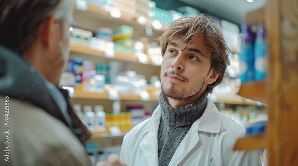 Pharmacist talking with male customer in drug store Focus on customers