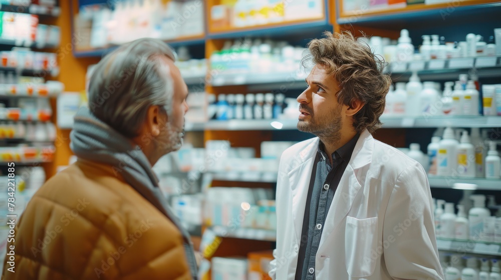 Pharmacist talking with male customer in drug store Focus on customers