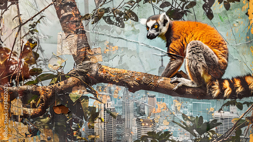 Wildlife concept. Exotic fantasy collage banner. Illustration of jungle plants , lemur