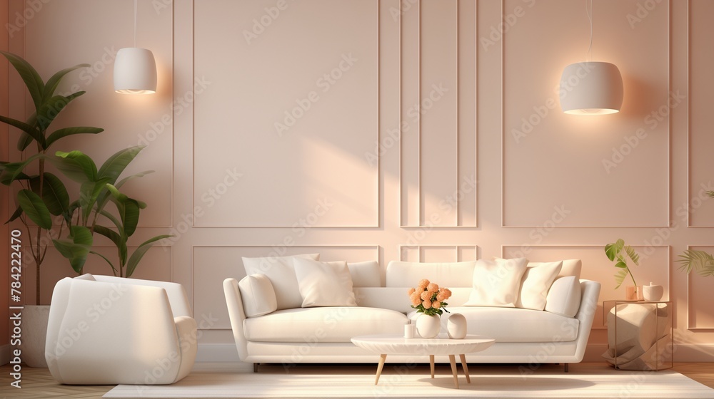 A chic sitting area adorned with a cozy white sofa against a subtle peach 3D wall, creating a harmonious and inviting environment.