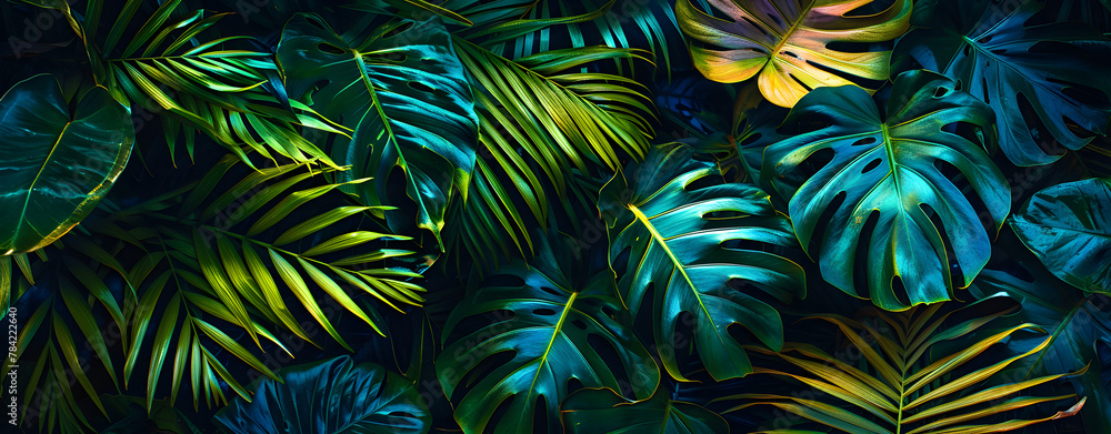 illustration of Dark green tropical leaves colorful neon light backlight leaves composition plant background minster palm leaves.