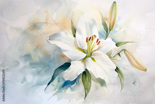 Watercolor painting of lily on colorful background 