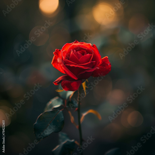 Beautiful lone rose in a dark nature backdrop like a meadow