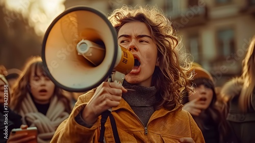 In a protest event for community, support, and leadership, a woman with a megaphone champions freedom, revolution, and the future. This rally embodies global social justice and human rights, engaging  © horizor