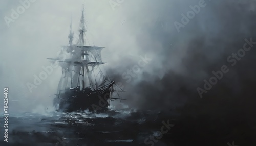 Capture the chilling beauty of a ghostly shipwreck on a foggy ocean through a sinister lens in traditional oil painting