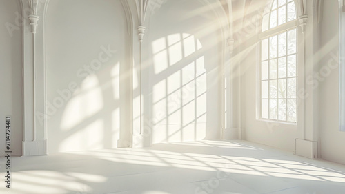 A large, empty room with a window that lets in sunlight. The room is white and has a very clean, minimalist look. The sunlight streaming in through the window creates a warm, inviting atmosphere