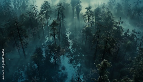 Delve into the eerie depths of a haunted forest from an aerial view using photorealistic digital rendering techniques photo
