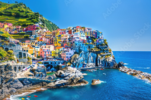 A colorful Italian village on the cliffs of Cinque Terre overlooking the blue sea