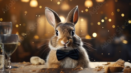 Rabbit wearing bow tie in blurry background photo