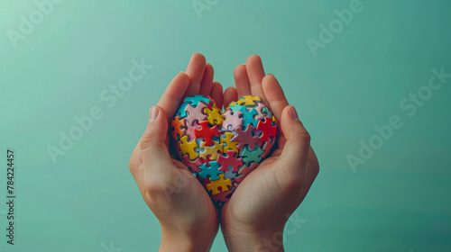 A person is holding a puzzle shaped like a heart. The puzzle pieces are colorful and scattered around the heart. Concept of care and love, as the person is holding the puzzle with their hands