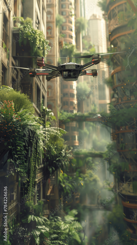 Obraz premium A drone is flying over a lush green jungle with tall buildings in the background. The drone is surrounded by a lot of greenery, which gives the scene a sense of life and vitality