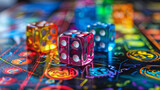 A colorful board with dice on it. The dice are in different colors and are placed on top of the board