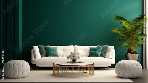 A chic sitting area featuring a plush white sofa against a vibrant emerald green 3D wall, creating a harmonious and stylish ambiance.