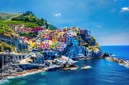 A colorful Italian village on the cliffs of Cinque Terre overlooking the blue sea