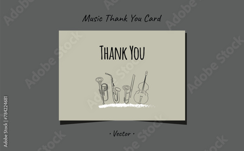 Card thank you musical instruments trumpet, saxophone, trombone, bass brush stroke minimal design.