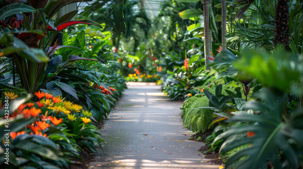 A path through a lush jungle with a variety of plants and flowers. The ...