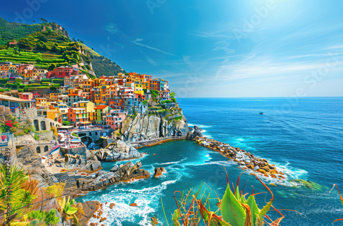 A colorful Italian village on the cliffs of Cinque Terre overlooking the blue sea