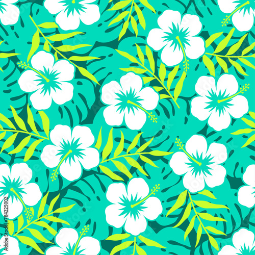 Hand drawn hibiscus flower with tropical leaf seamless pattern for summer holidays background.