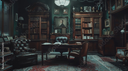 A dark room with a desk and a chair. The room is filled with bookshelves and a large painting on the wall. The mood of the room is cozy and inviting, with a sense of history and knowledge