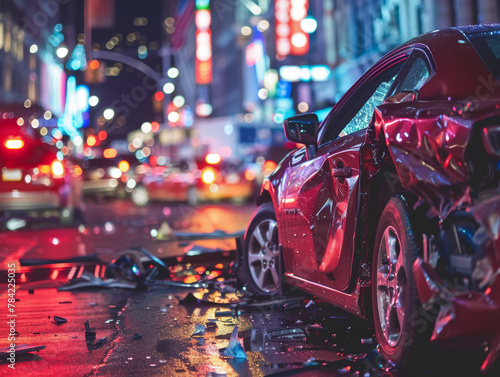 A red car is in the middle of a busy city street with a lot of traffic. The car is damaged and has a smashed front end. The scene is chaotic and dangerous, with cars