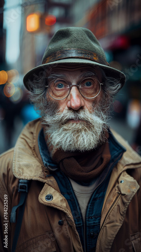 A man with a green hat and glasses is standing in the street. He has a beard and a mustache © Kowit