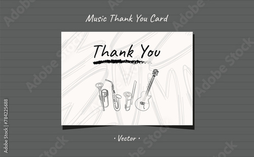 Thank you card musical instruments hand drawn line art with brushstroke and heart shapes design.