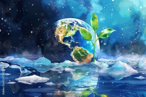 Earth with a small green sprout emerging from the ice, symbolizing hope