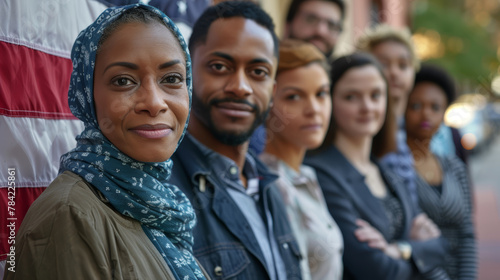 A group of people are standing in a line, one of them wearing a scarf. Concept of unity and togetherness among the group