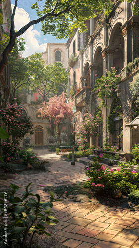 A brick walkway with a tree and flowers in the background. The walkway is lined with potted plants and has a bench. The scene is peaceful and serene  with the flowers