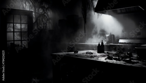 Capture the eerie beauty of a haunted kitchen scene, showcasing a chefs knife gleaming under dim lighting amidst dense fog, using black and white photography